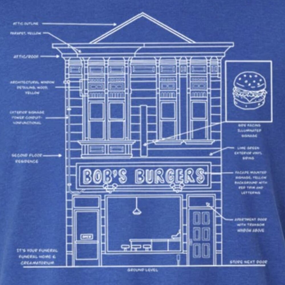Bob's Burgers Blueprint T-shirt - Unisex Medium Toddland Officially Licensed